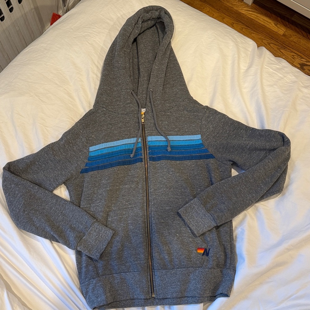 Aviator Nation Gray Zip-Up Hoodie with Blue Stripes